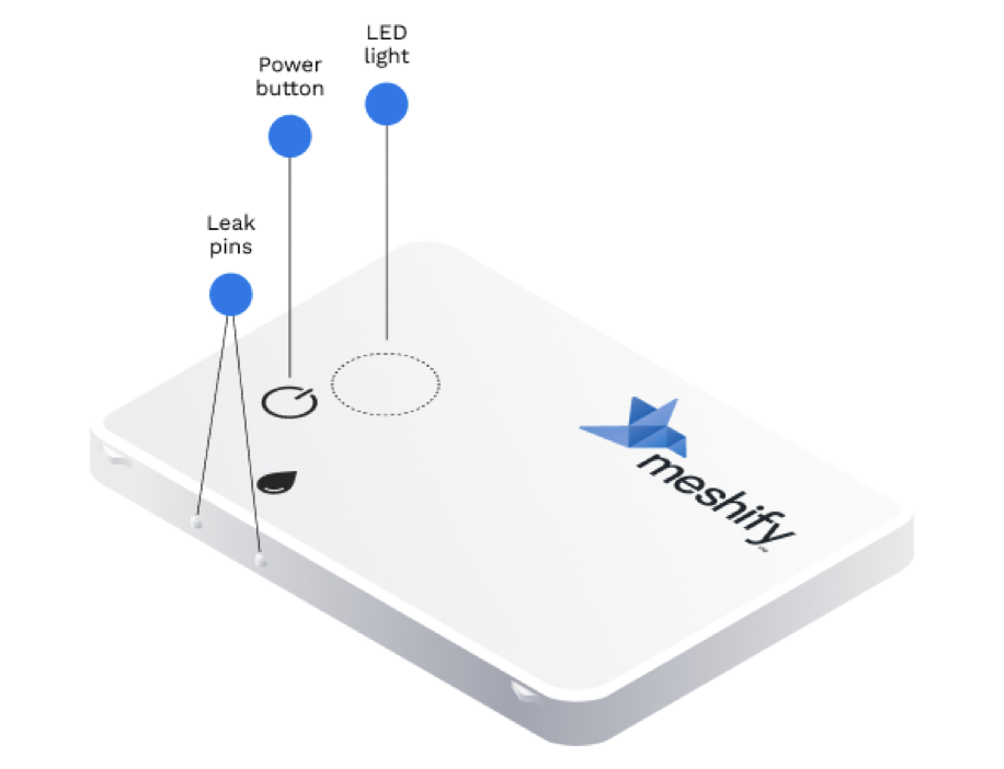 Illustration of Defender Slim device noting where the LED light, power button, and leak pins are located.