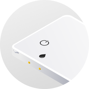 Illustration of Defender Slim device noting where the LED light, power button, and leak pins are located.